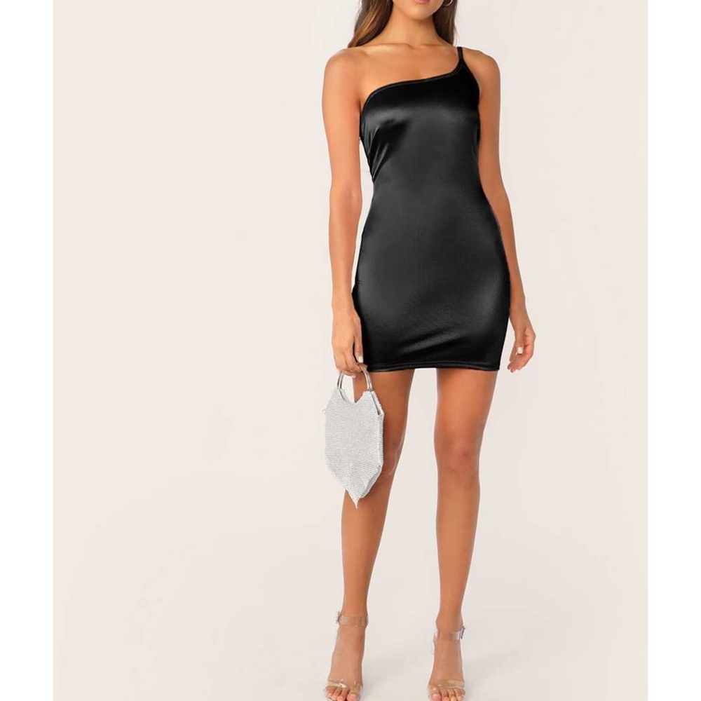 Black One Shoulder Satin Bodycon Sexy Party Dress - Picture 5 of 6